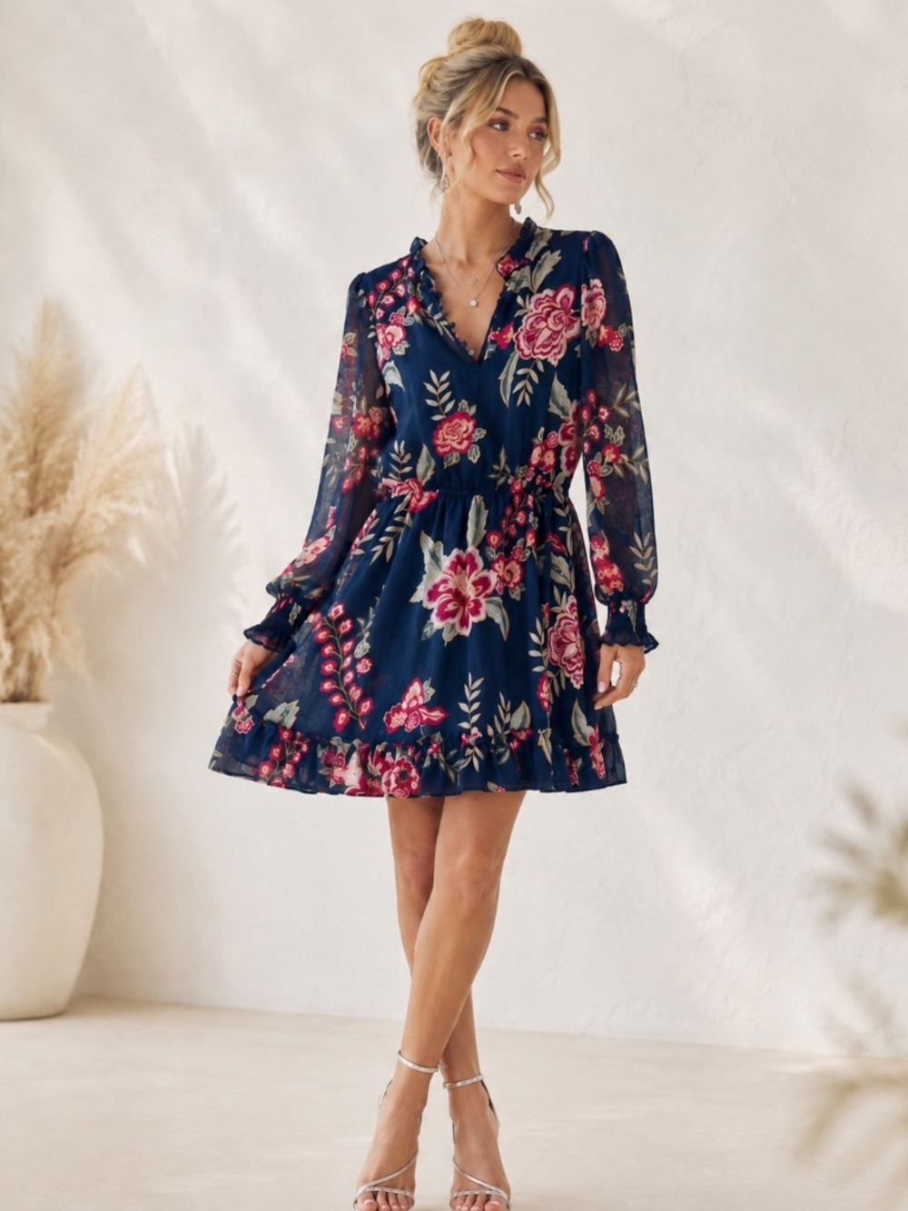 Jessica Simpson Cottagecore Boho Romantic Moody Navy Floral Mini Dress, Size M